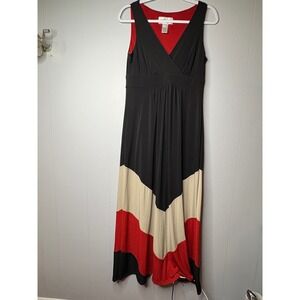 Connected Apparel Womens Colorblock Chevron Maxi Dress Black Red Cream V-Neck